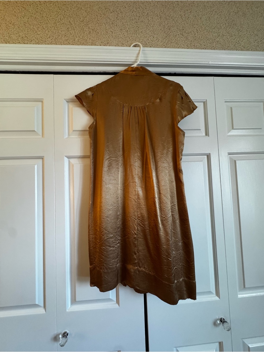 Satin Short Sleeve Shift Dress in Bronze